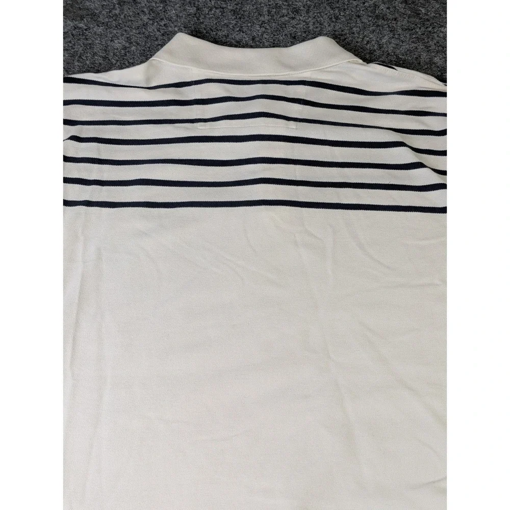 Banana Republic Mens L Fitted Polo Shirt Cream Navy Blue Striped Cotton EUC